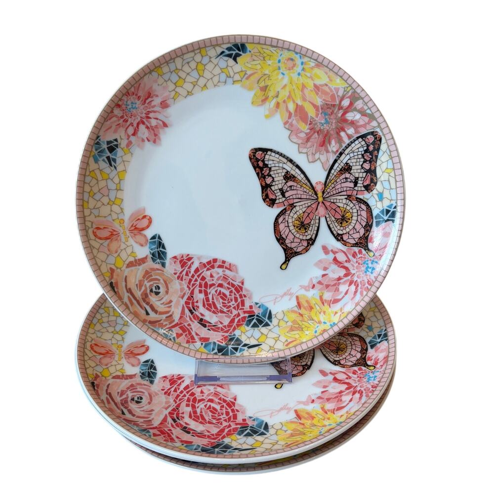DOLLY PARTON Mosaic Butterfly Porcelain Salad Plates 8in Set of 4 New